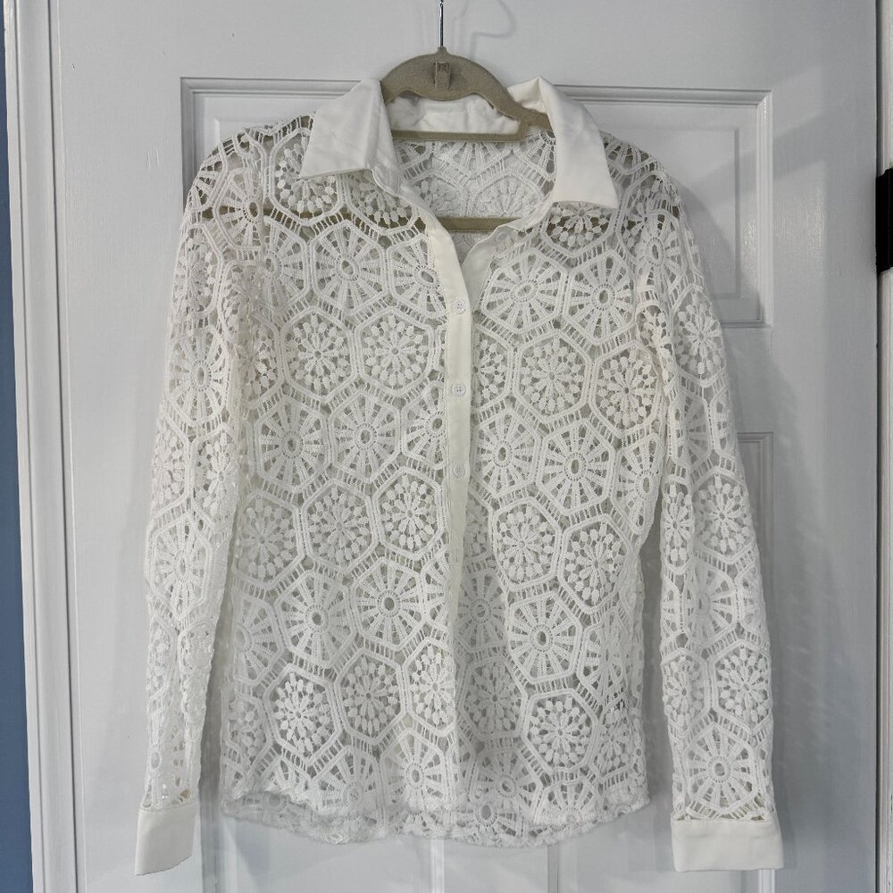 White Crochet Lace Button Down Blouse | Collared Sheer Top | Size S